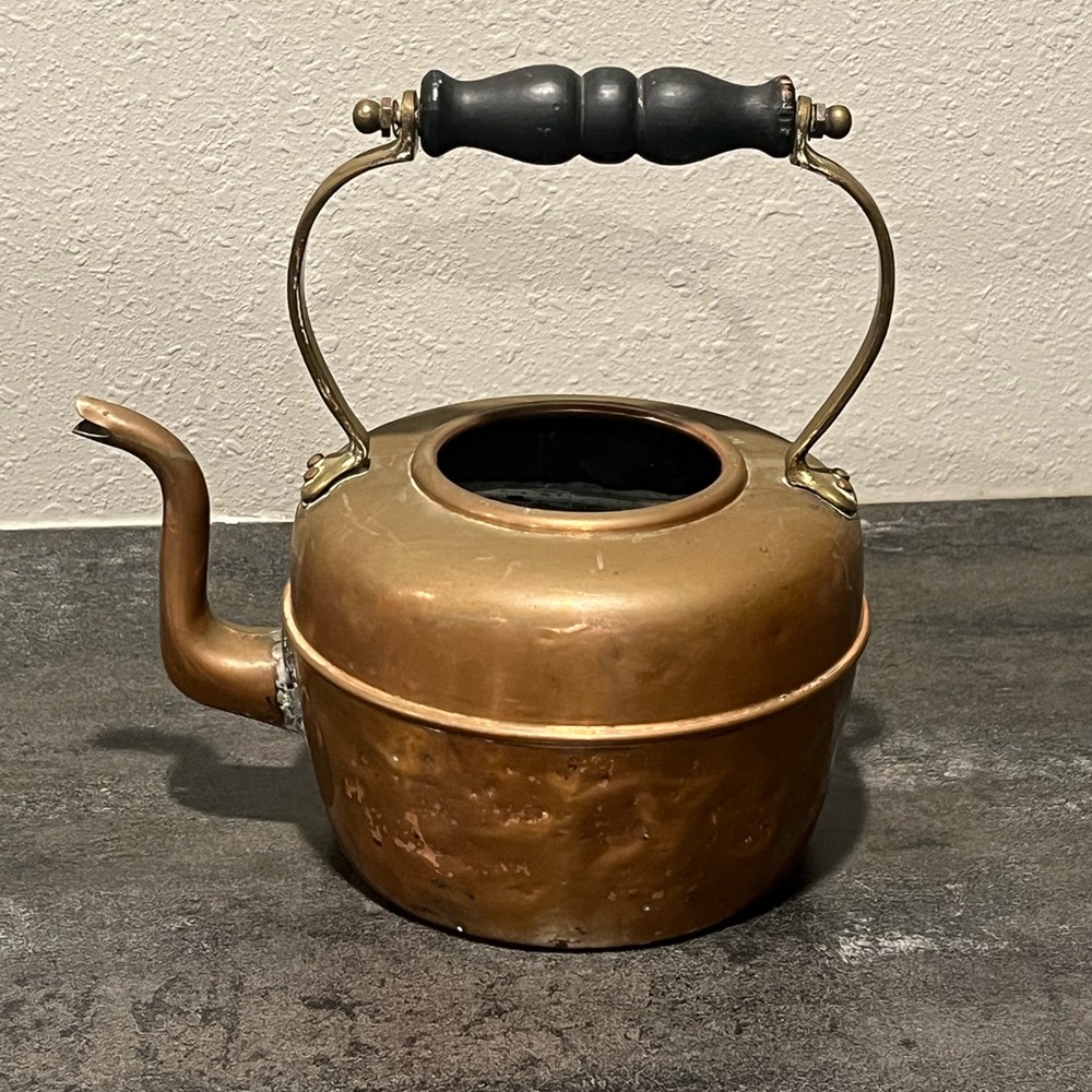 Vintage Antique Copper Tea Kettle with black wooden handle decor collectible